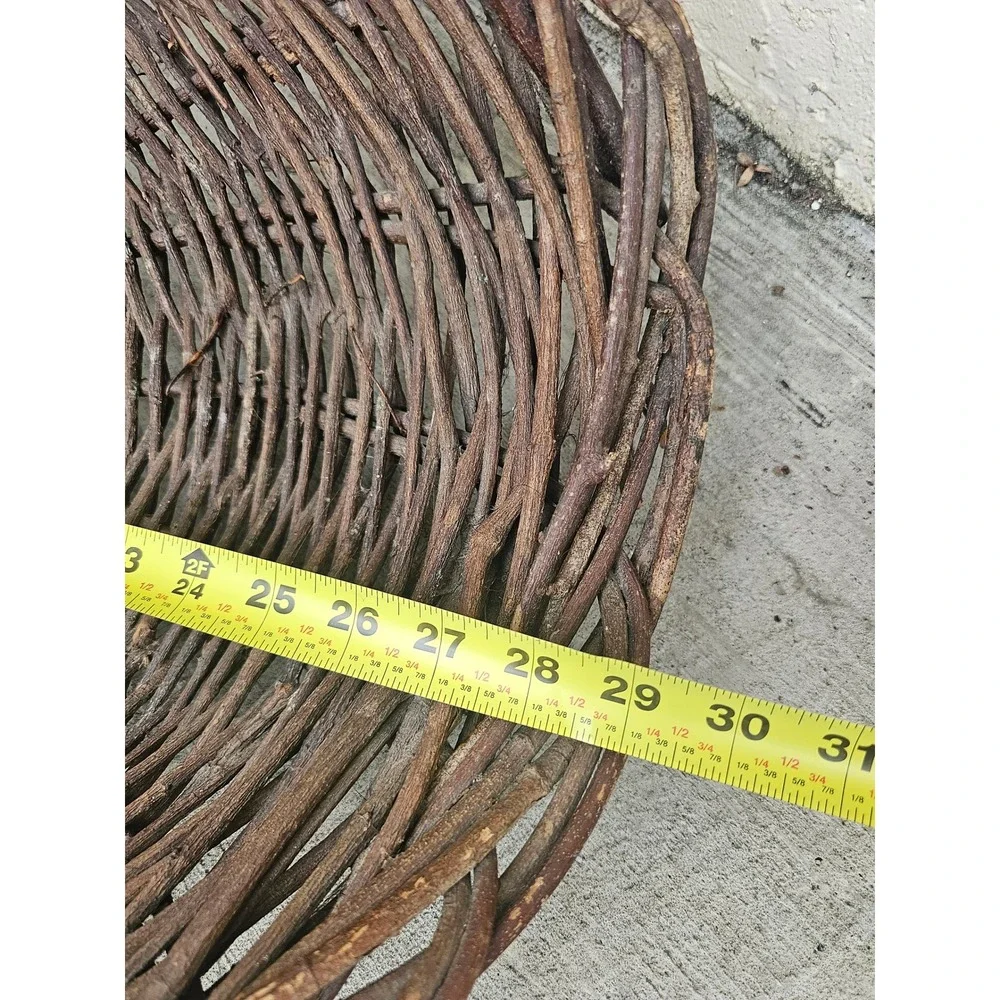 Woven Grapevine Wicker Harvest Basket Large Brown Metal Oak Branch Handle 29in